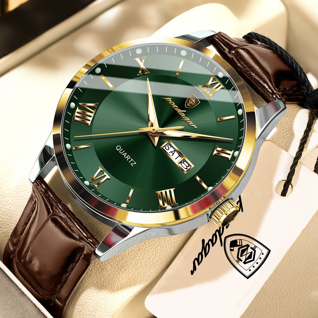 Relógio masculino elegante (dourado e verde), com indicação de data, dia e semana, estilo casual, resistente à água e com luzes.