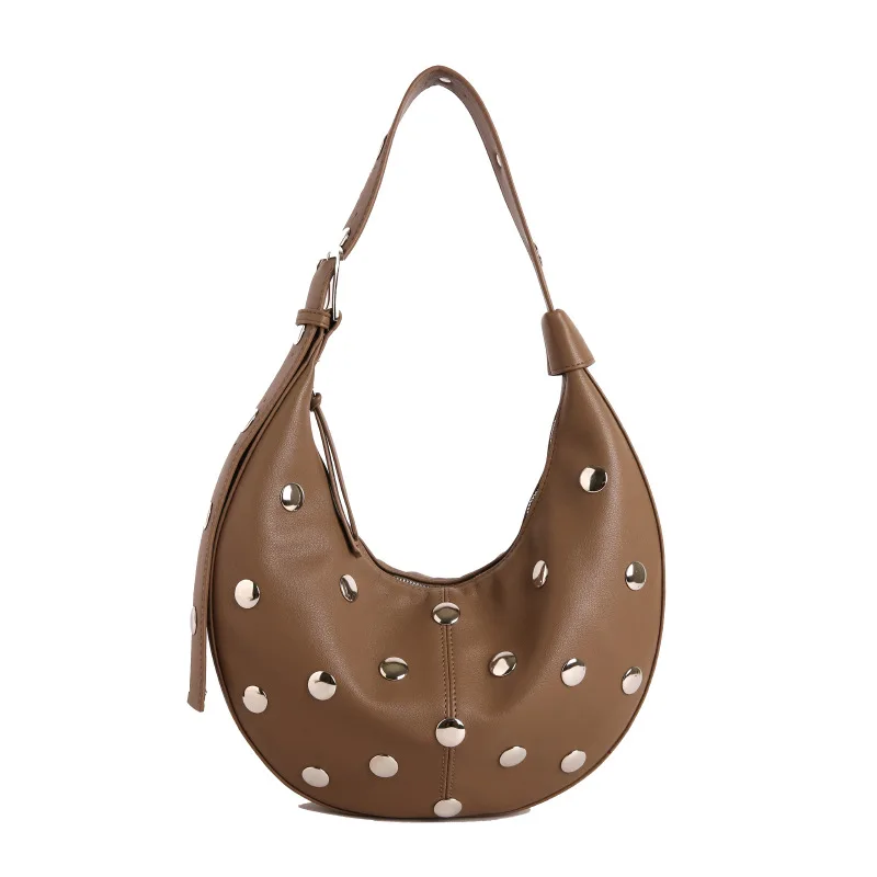 (cáqui) Bolsa De Ombro Feminina Elegante Com Tachas, Design Luxuoso, Cor Sólida, Bolsa Para Usar Debaixo Do Braço