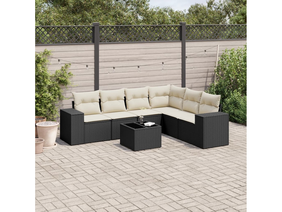 Vidaxl 7 Pcs Conjunto De Sofás P/ Jardim C/ Almofadões Vime Pe Preto