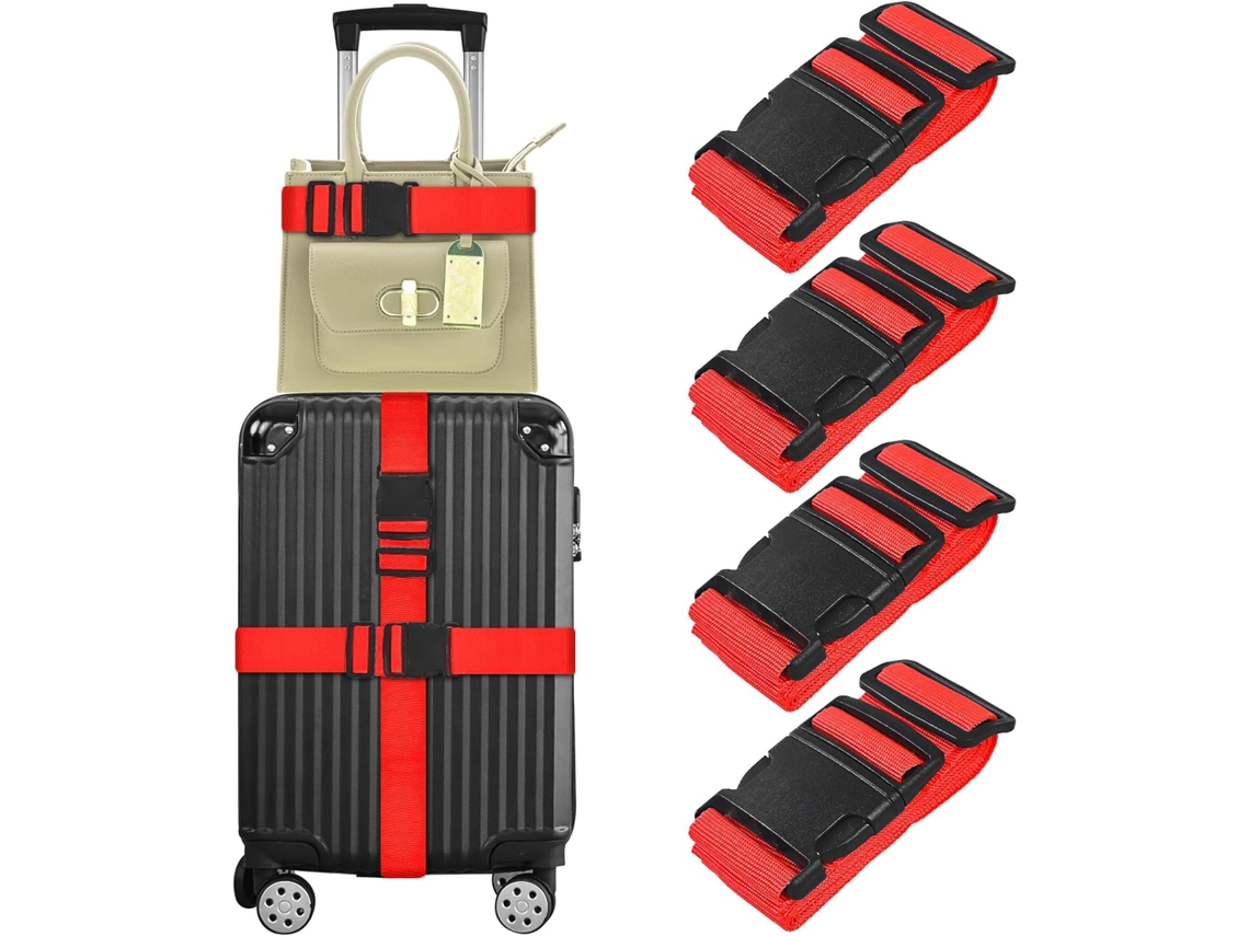 Conjunto De 4 Cintas Ajustáveis Para Mala, Cor Vermelho, Com Fivela De Fecho Rápido, Para Fixação Segura De Bagagem Em Viagem