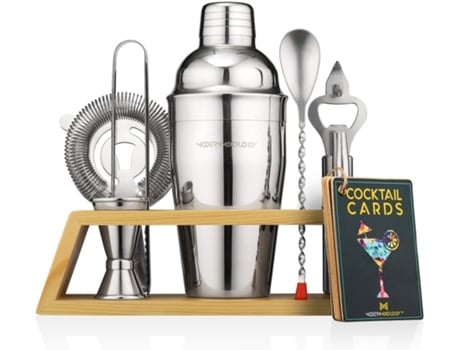 Mixology Craft Conjunto de 10 peças de coqueteleira com suporte de bambu, kit de barman e utensílios de bar para misturar prata