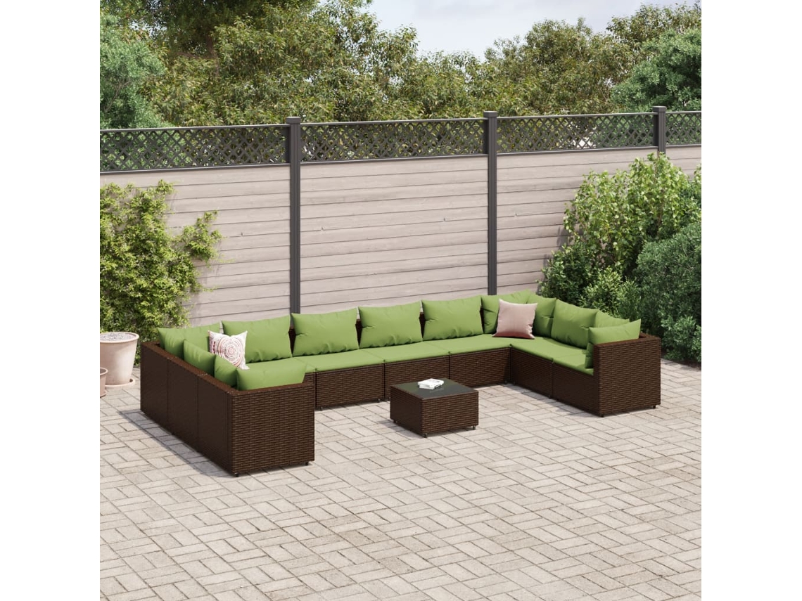 Vidaxl 11 Pcs Conjunto Lounge Jardim C/ Almofadões Vime Pe Castanho