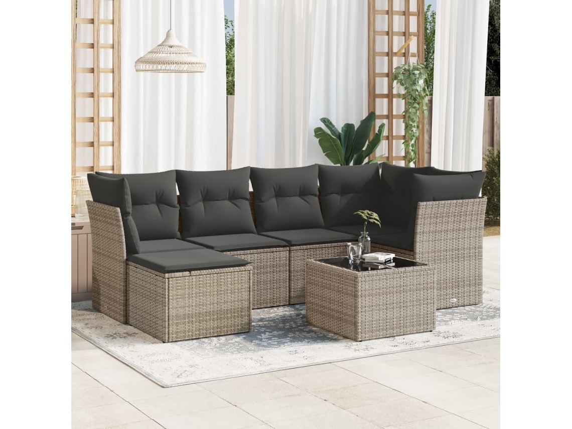 Vidaxl 7 Pcs Conjunto Sofás P/ Jardim C/ Almofadões Vime Pe Cinzento