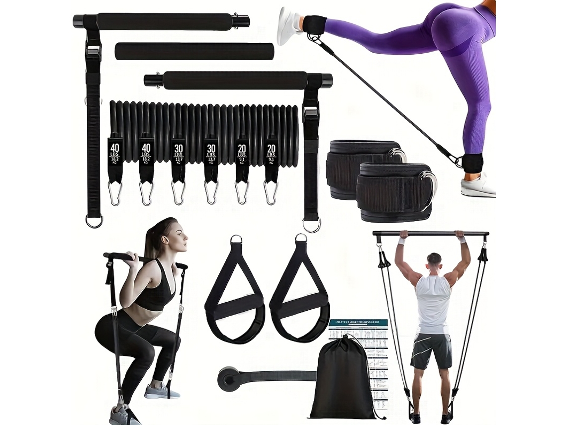 Conjunto de Barra de Pilates com 14 Peças e 6 Faixas de Resistência (81,65 Kg), Equipamento Multifuncional para Exercícios Físicos, Equipam-aquaforge