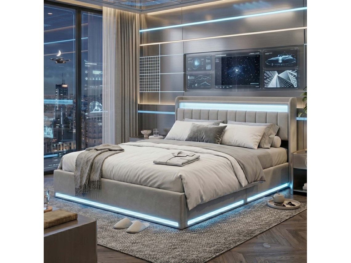 Cama de Casal Hidráulica em Veludo com Led Rgb, Arrumação na Cabeceira e Entradas Usb/tipo c, Cinza, 160x200 Cm LAZYSPACE