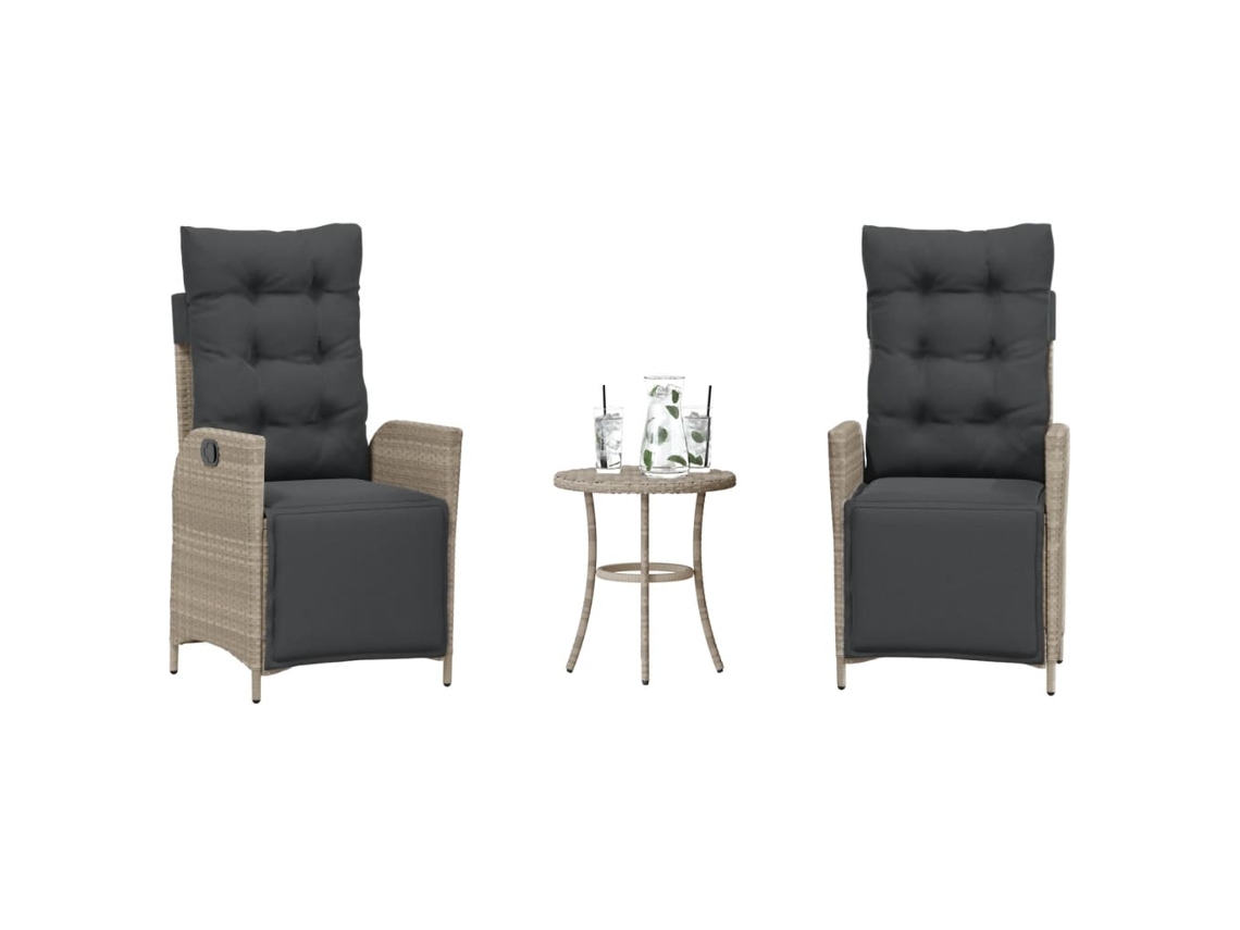 Vidaxl 3 Pcs Conjunto Bistrô Com Almofadões Vime Pe Cinzento Claro