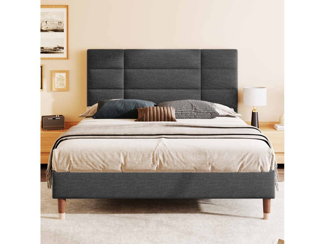 Cama Casal 140x200 Cm Estruturada em Linho, Grade de Molas, Baú, Colchão, Cinza KOMHTOM