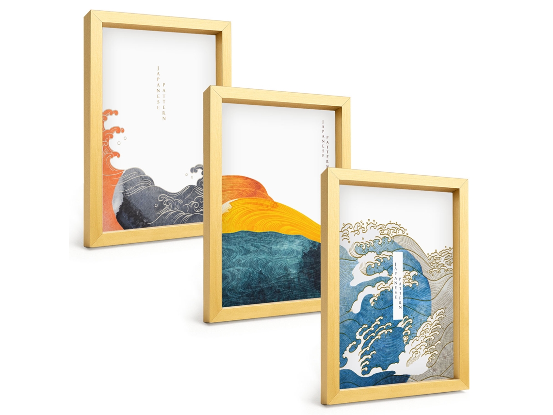 Pinturas Murais Modernasgráficos De Ondas Em Estilo Japonês Moldura Dourada Fotos Para O Corredor Espelharte (3 Peças 20x30 Cm)