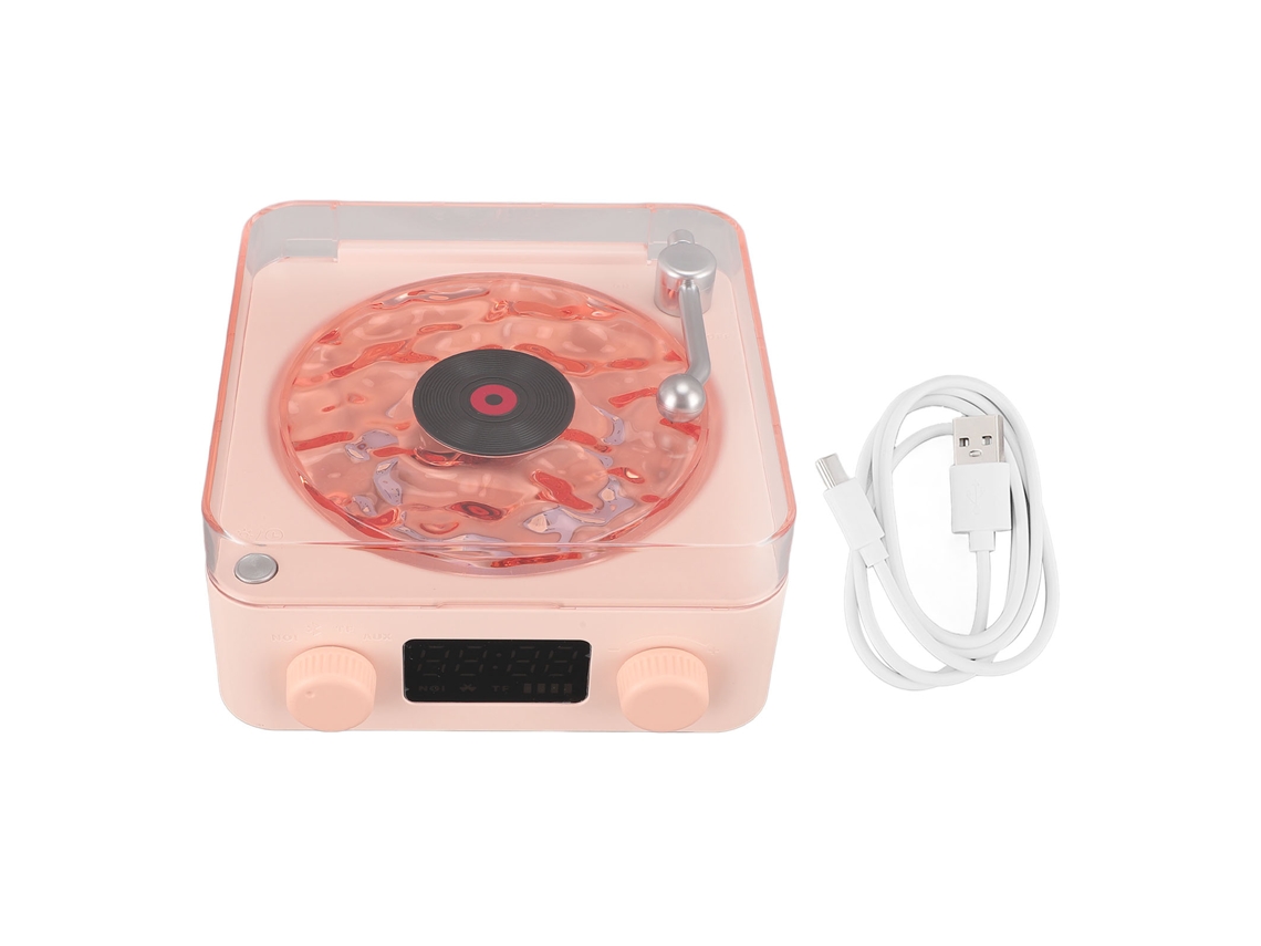 Caixa De Som Bluetooth Estilo Tocador De Vinil Com Luz Noturna E Display De Hora 3 Em 1 Rosa
