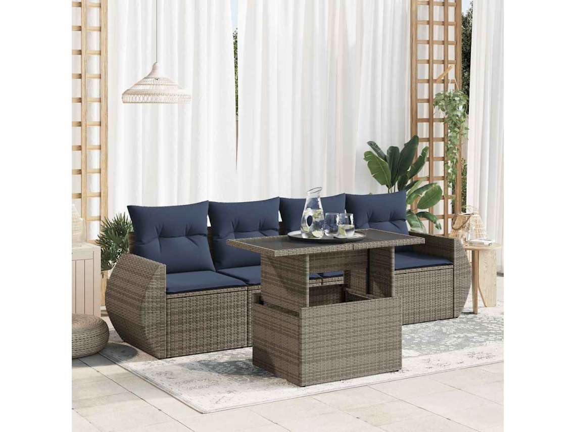Vidaxl 5 Pcs Conjunto Sofás De Jardim C/ Almofadões Acácia E Vime Pe