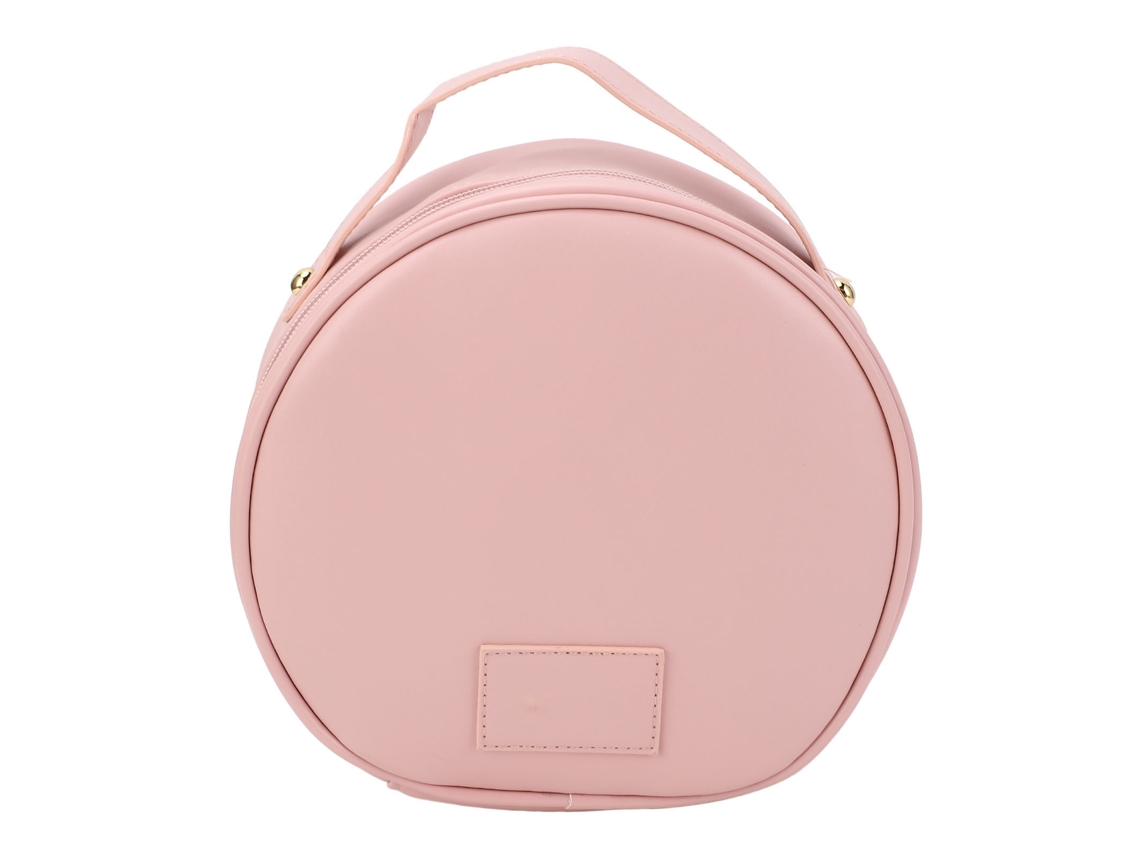 Bolsa organizadora de maquiagem portátil em couro PU rosa, ideal para viagens, com detalhes metálicos e design espaçoso.