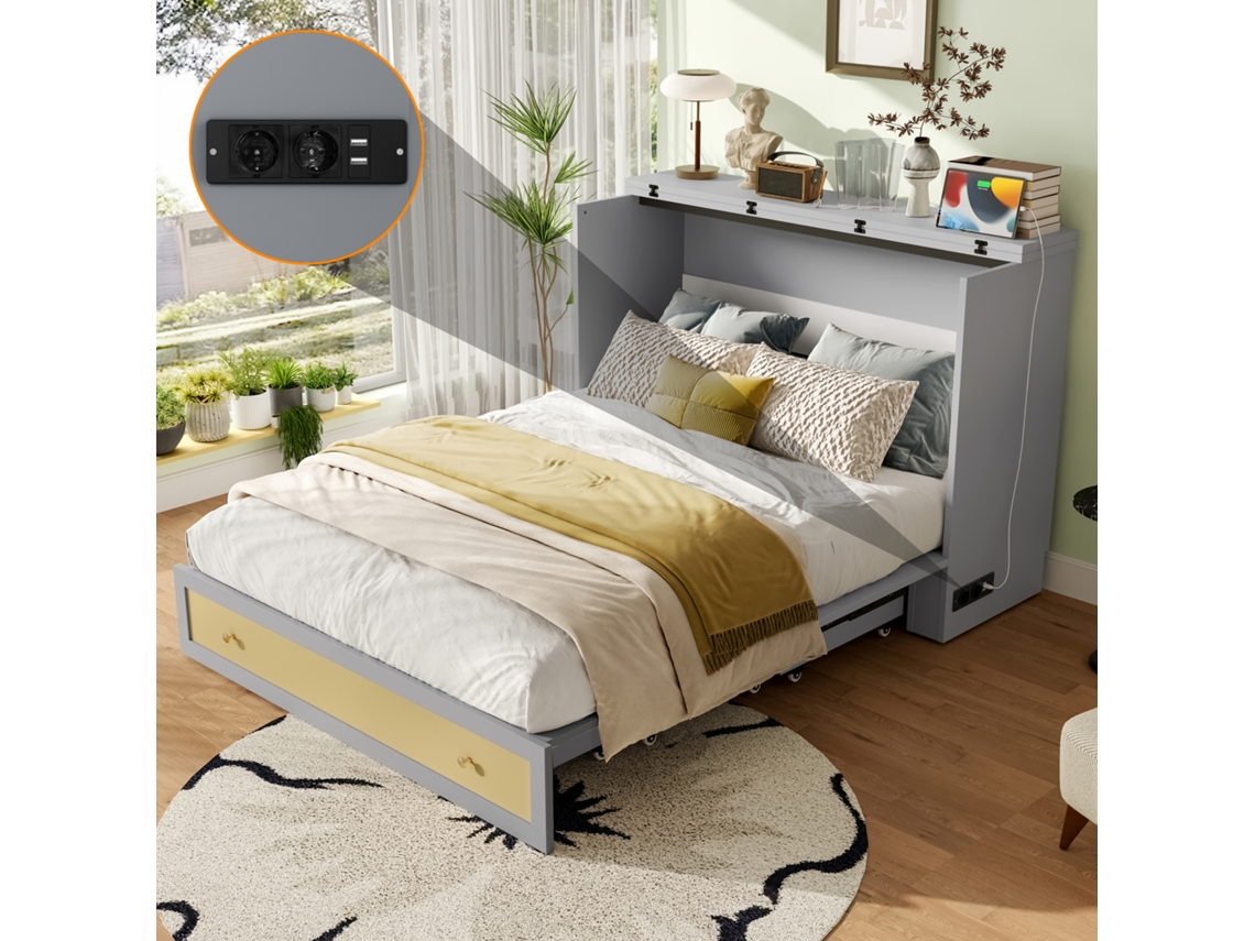 Cama Murphy Cinza 140x200cm, Gavetas, Prateleira, Usb, Conversível (s/ Colchão). Cs