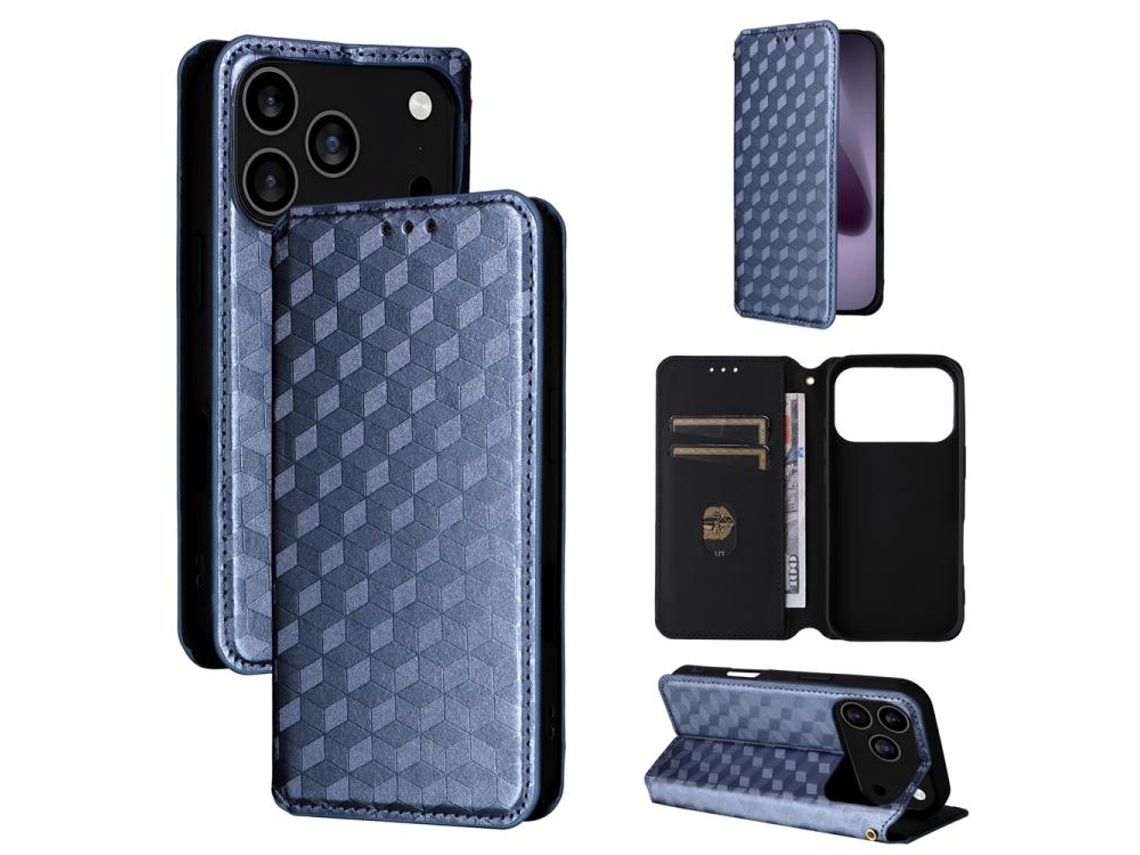Capa De Couro Para Iphone 17 Pro Com Estampa Quadriculada Cúbica