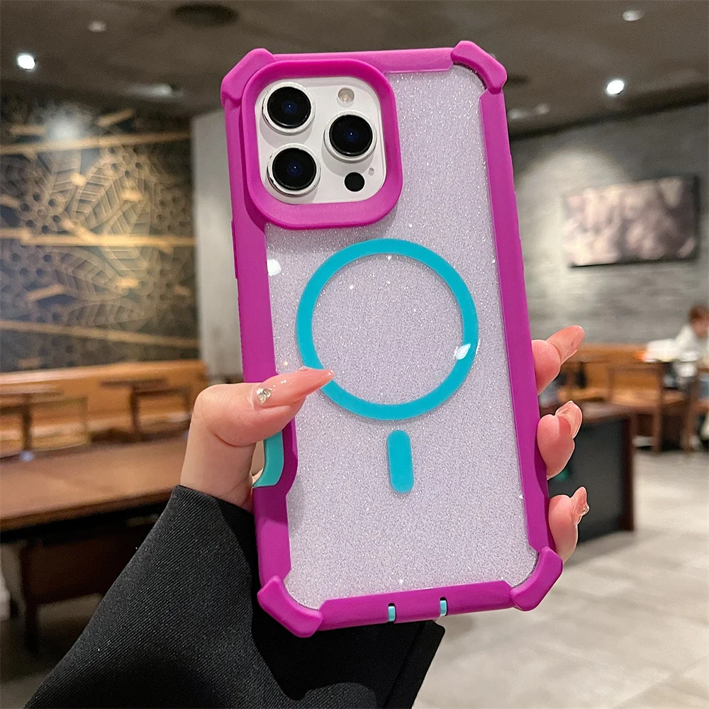 Capa Magnética Magsafe Com Glitter Para Iphone (iphone 15 Pro, Vermelho Rosado), Proteção Contra Quedas.
