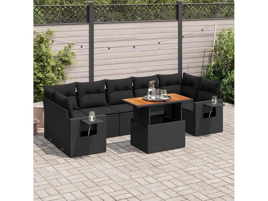 Vidaxl 8 Pcs Conjunto Sofás De Jardim Com Almofadões Vime Pe Preto