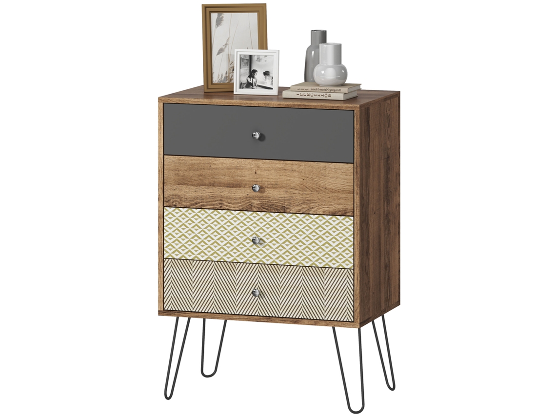 Cómoda 4 Gavetas Para Quarto Com Pés Em Forma De V De Aço Estilo Boémio 60x39x86 Cm Multicor
