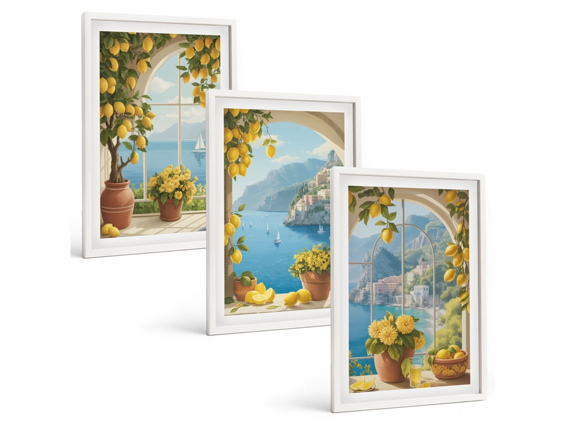 Conjunto De Pinturas Paisagens Marítimas, Limões E Janelas Moldura Branca Quadros Para A Sala De Estar Espelharte (3 Piezas De 40x60 Cm)