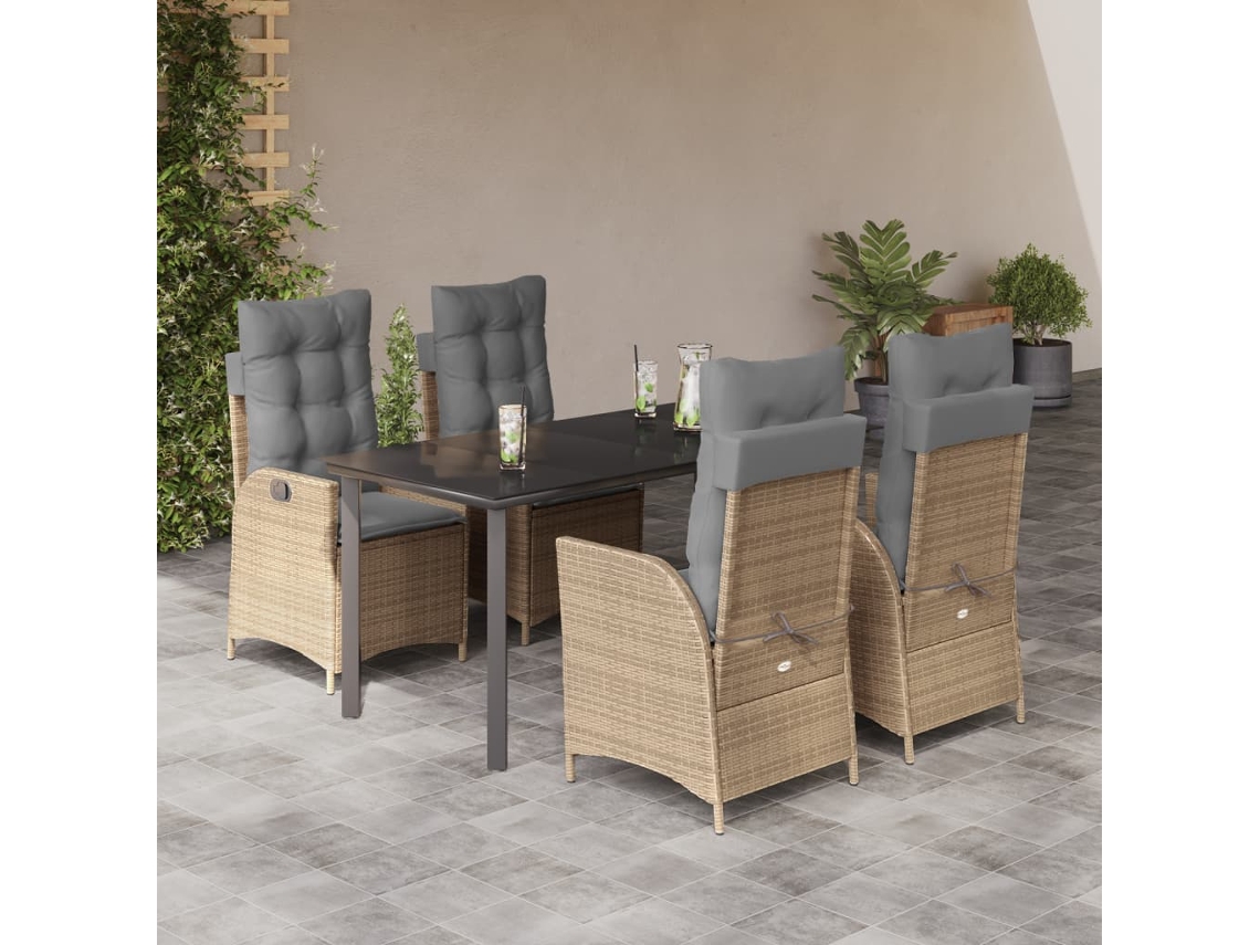 5 Pcs Conjunto De Jantar P/ Jardim Com Almofadões Vime Pe Bege Dkd Home Decor