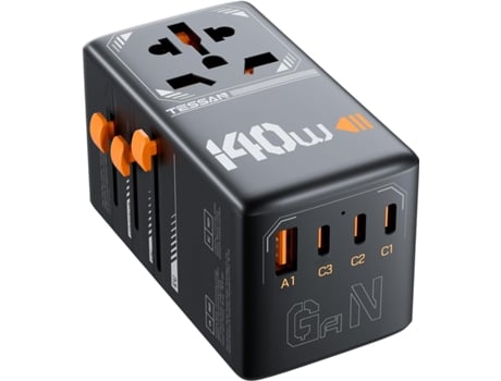 Adaptador de viagem universal premium de 140 W com portas de carregamento 1 A/3 C, conversor de energia, compatível com todo o mundo, HDDB preto