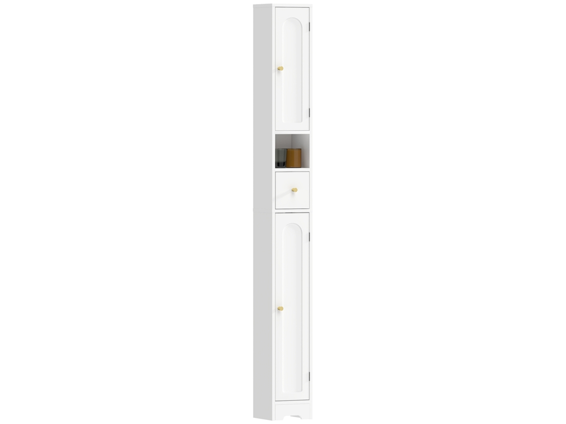 Armário do Banheiro, Armário Estreito com Gaveta, Portas Arqueadas, Compartimento Aberto, Prateleira Ajustável, 20x20x185 Cm, Branco Ge