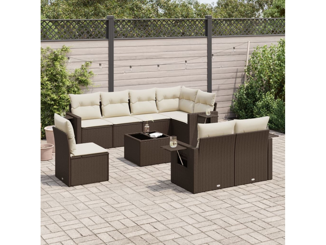 Vidaxl 9 Pcs Conjunto Sofás P/ Jardim C/ Almofadões Vime Pe Castanho
