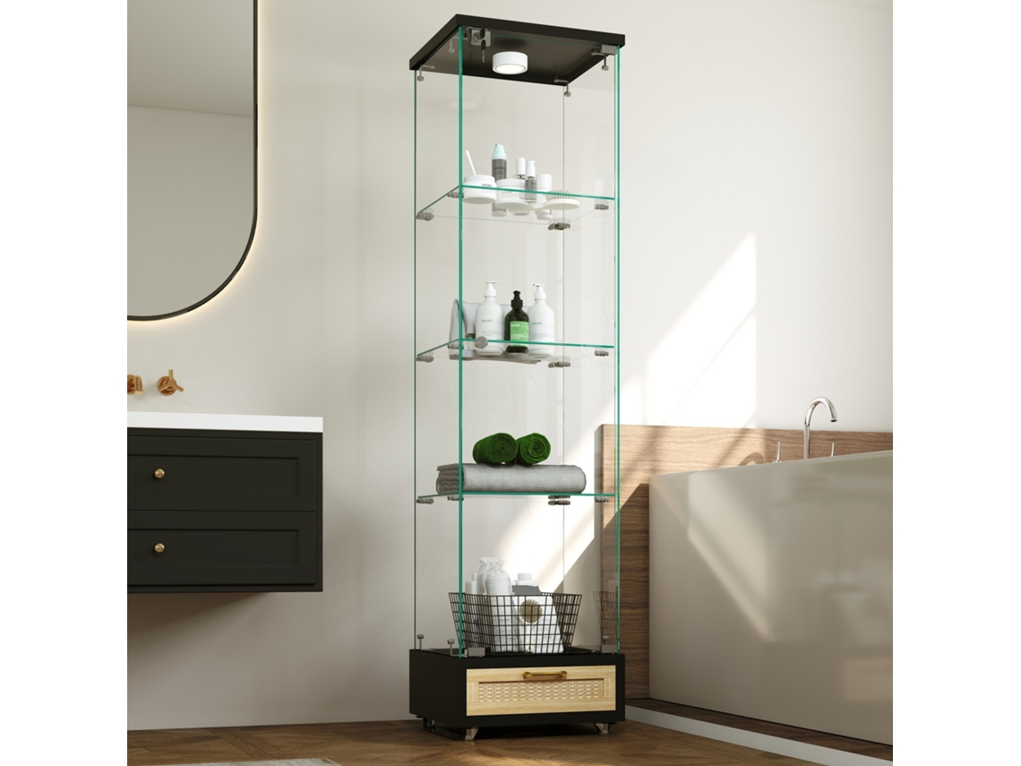 Vitrine Moderna De Vidro Com Gavetas, Iluminação Led, Estante De Vidro Temperado, Armário Com Uma Porta E Quatro Prateleiras.