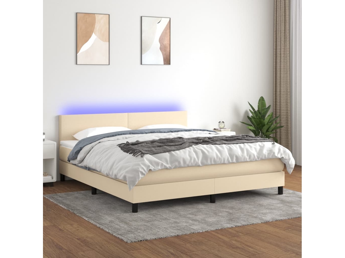 Vidaxl Cama Box Spring C/ Colchão E Led 180x200 Cm Tecido Cor Creme