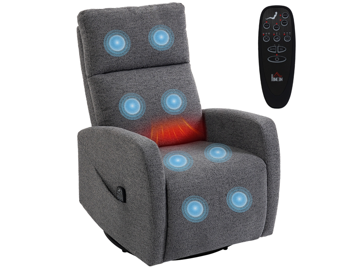 Poltrona Giratória para Tv com Encosto Ajustável, Funções de Aquecimento e Massagem Vibratória Inclina e Balança Cinza Escuro. SINI TECH STORE