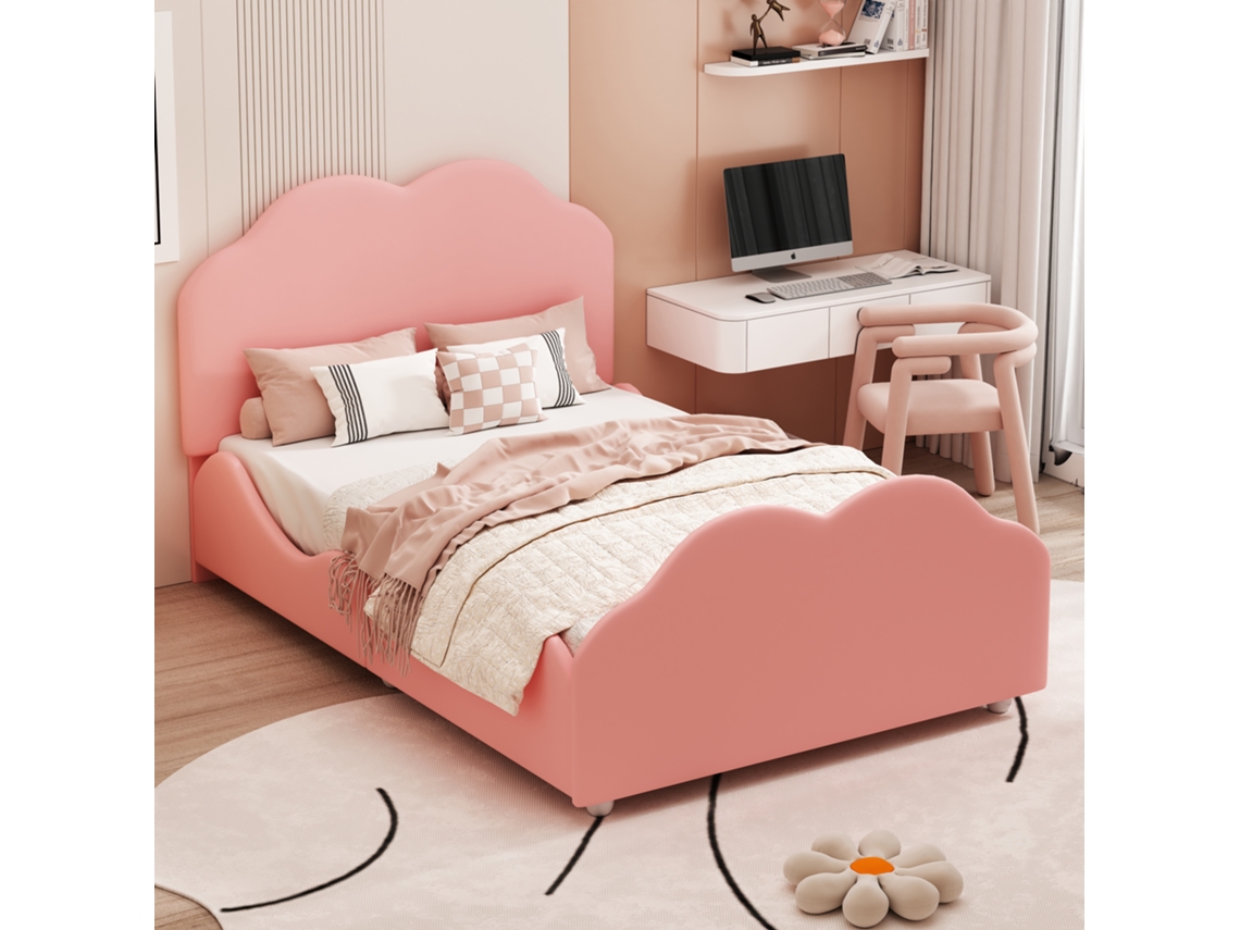 Cama Infantil 90x200 Cm Com Guardrail Alto Rosa Seda Suave Wolkenform