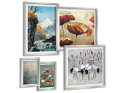 Composição De Quadros Na Parede Motivos De Plantas Em Bege E Marrom Moldura Prateada Fotos Para O Escritório Espelharte (conjunto De 5 Imagens)