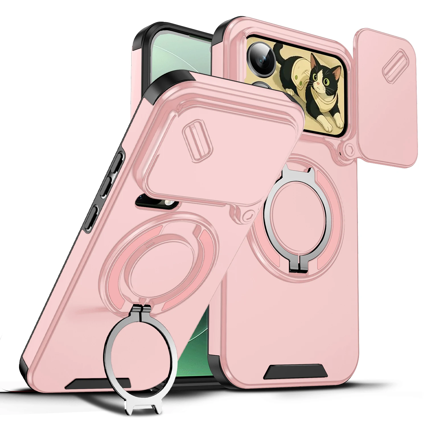 Capa Protetora Rígida Fosca À Prova De Choque Com Suporte De Anel Para Câmera Deslizante (poco F8 Ultra 5g Rosa).