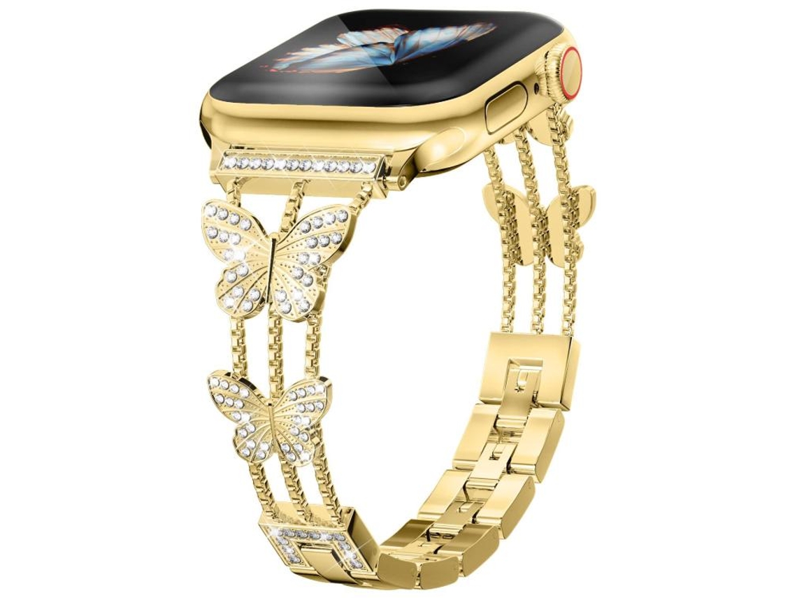 Bracelete Para Apple Watch 46/49/45/44mm - Metal Com Diamante Em Formato De Borboleta Dourada