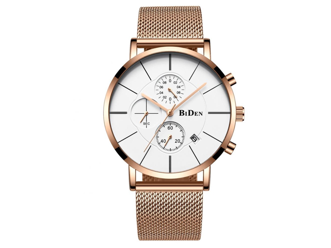 Reloj De Pulsera Para Hombre Biden Ultradelgado De Cuarzo Impermeable Con Correa De Malla (dial Blanco Correa Oro Rosa)