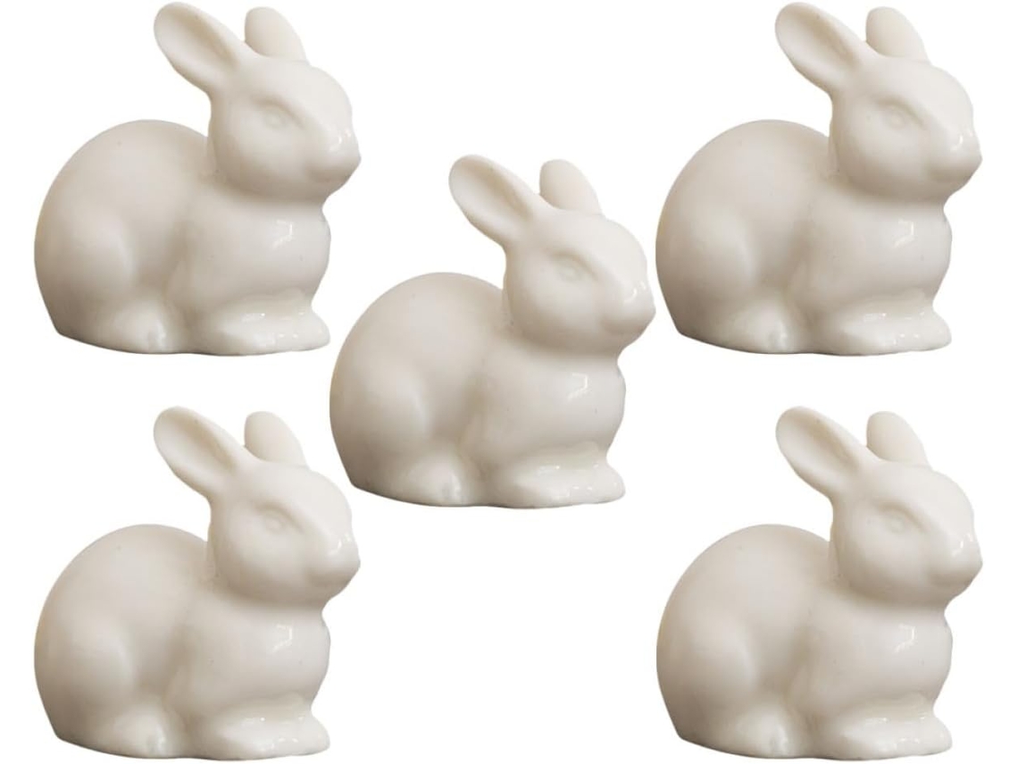Conjunto 5 Coelhos Decorativos Cerâmica Branca Acessórios Micro Paisagens Decoração Escritório Resistentes GOKOCO