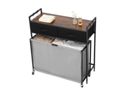 Cesto para Roupa com Tábua de Madeira, Classificador Roupas 830 X 320 810 Mm 3 Compartimentos, Rodas, 2 Gavetas e Ganchos, Sistema Classificação