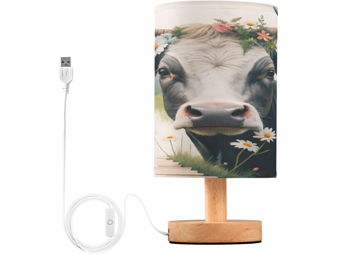 Abajur De Cabeceira Em Formato Vaca E Flor, Com Led, Ideal Para Leitura, Leitura, Com Portas Usb E Cúpula De Tecido