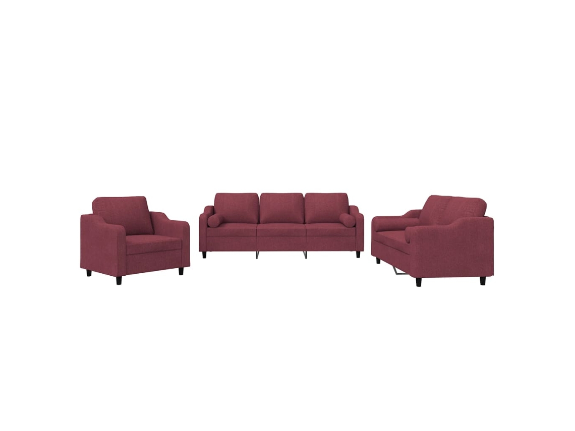 Conjunto 3 de sofás com almofadas VIDAXL tecido vermelho-tinto