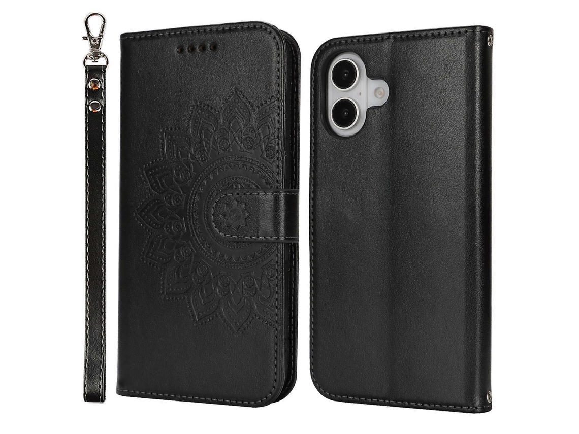Capa Tipo Carteira De Couro Texturizado Com Suporte Para Iphone 16 Plus E Alça Preta
