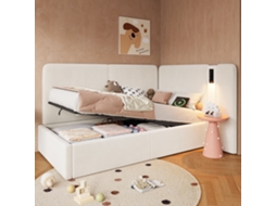 Cama Box 90x200cm Polsterbett com baú hidráulico, led de leitura, usb tipo c, veludo bege KOMHTOM