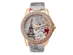 Relógio Feminino Com Pulseira De Couro Estampada Com Torre Eiffel E Corações, Movimento Quartzo.