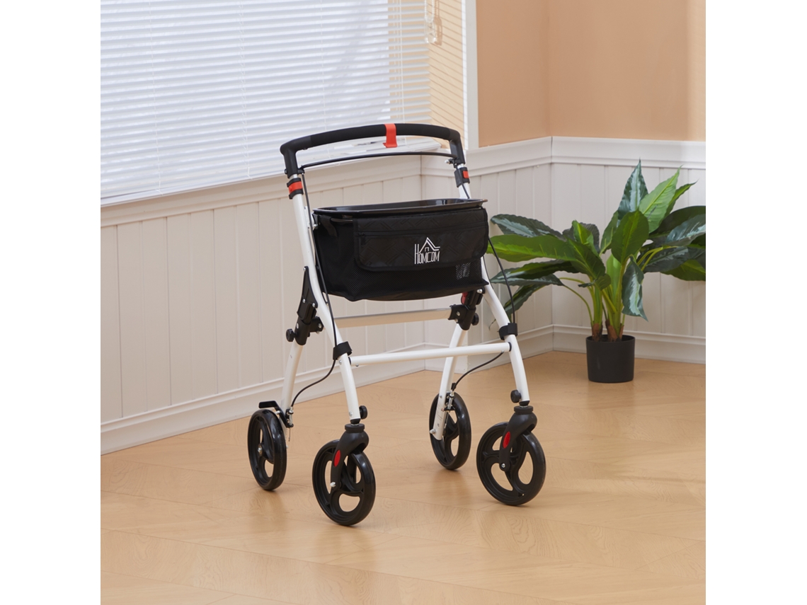 Andarilho para Idosos Dobrável Alumínio com Alt.ajust. Travão e Bolsa Transp. 64.5x54x90 102 Cm Preto e Branco