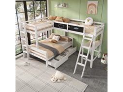 Beliche Infantil Para Três Crianças, Com Gavetas, Em Pinho, Escrivaninha E Prateleira, 140x200cm, 90x200cm, Branco.