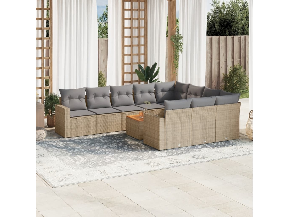 Vidaxl 11 Pcs Conjunto Sofás De Jardim C/ Almofadões Vime Pe Bege