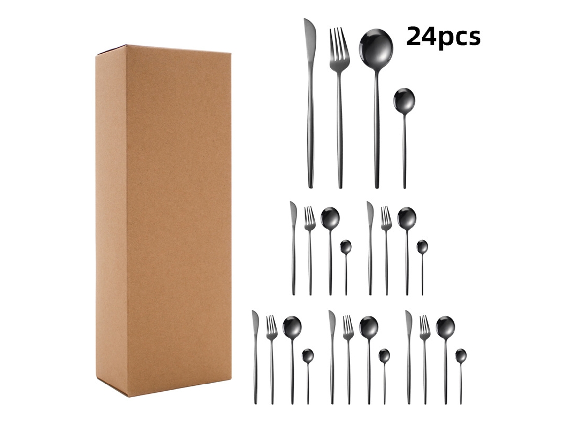 Conjunto De Talheres De Aço Inoxidável (facas, Garfos E Colheres) Com 24 Peças - Preto