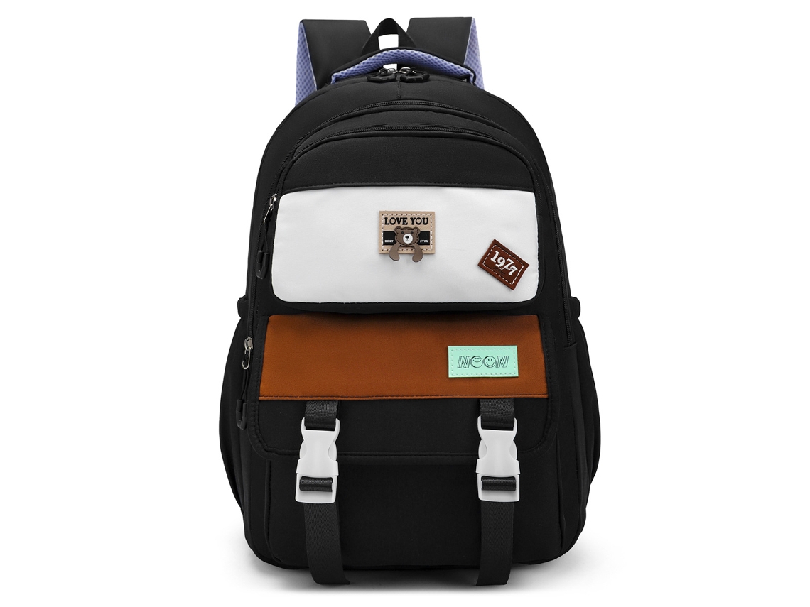 Mochila Color Block, Grande Capacidade, Impermeável, Adequada Para Meninas, Estudantes Do Ensino Médio, Universitários, Etc Preto