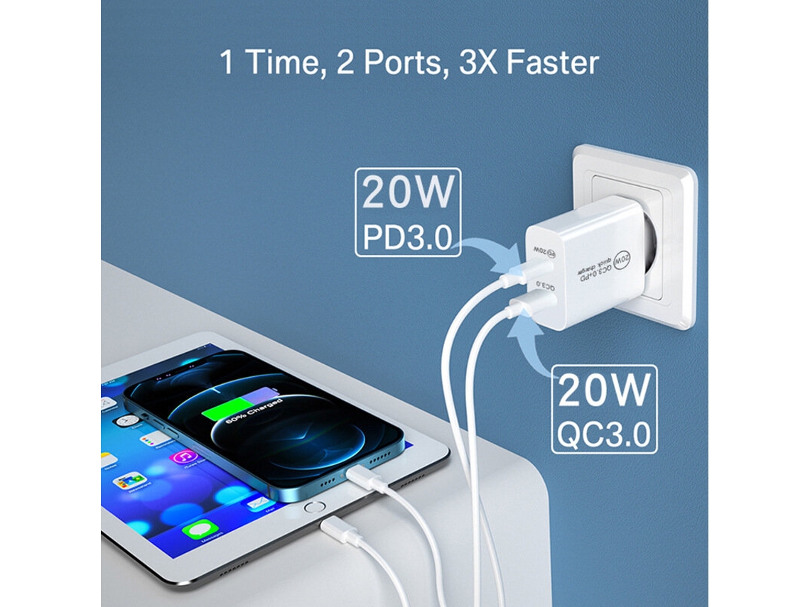 Carregador Usb Pd20w De 2 Portas Com Carregamento Rápido Pd3.0 E Qc3.0
