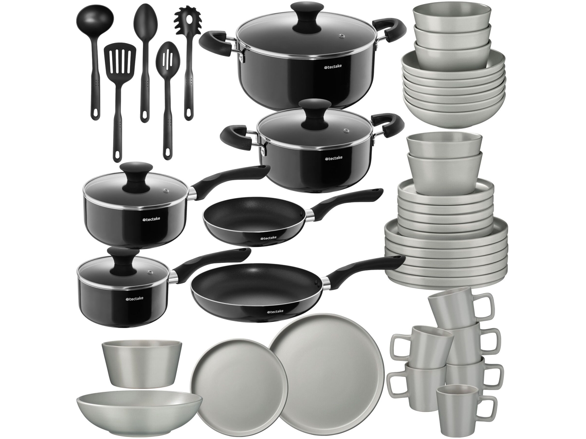Conjunto De Cozinha Para 6 Pessoas Una/varese Com Louça, Panelas, Etc., Cinzento/preto Tectake