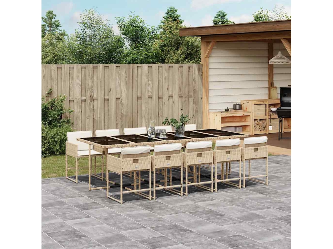 Vidaxl 11 Pcs Conjunto De Jantar P/ Jardim Com Almofadões Vime Pe Bege