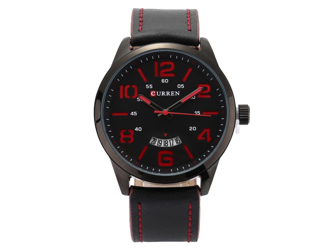 Relógio masculino de quartzo com mostrador redondo e pulseira de couro (preto/vermelho)