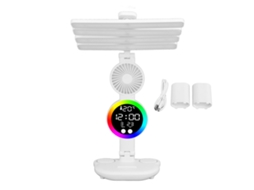 Lâmpada de mesa LED com ventilador e porta lápis, toque, recarregável, iluminação ajustável, mostra hora data temperatura | S/MARCA